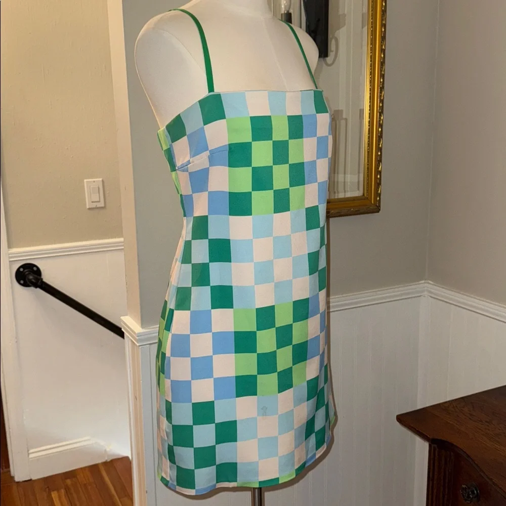 Silka Green and Blue Checkered Mini Dress. Medium. - Picture 8 of 11
